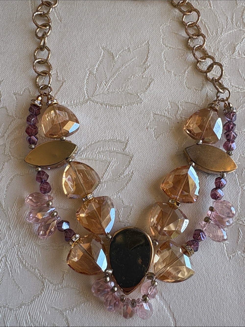 Gold-Tone Statement Necklace with Champagne and Pink Crystals - Picture 3 of 8